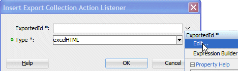 The Insert Export Collection Action Listener dialog