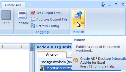 Oracle ADF tab of the Excel ribbon