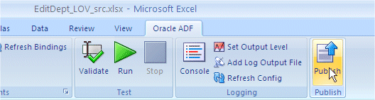 Oracle ADF tab of the Excel ribbon