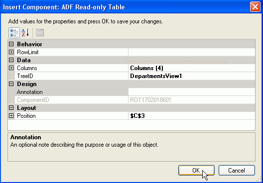 Insert Component: ADF Read-only Table dialog