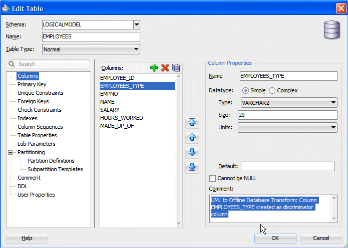 Edit Table dialog