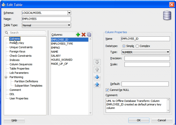 Edit Table dialog