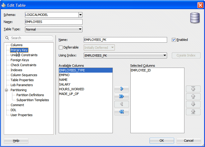 Edit Table dialog