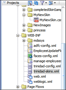 Shows the trinidad-skins.xml file in the Application Navigator nodes