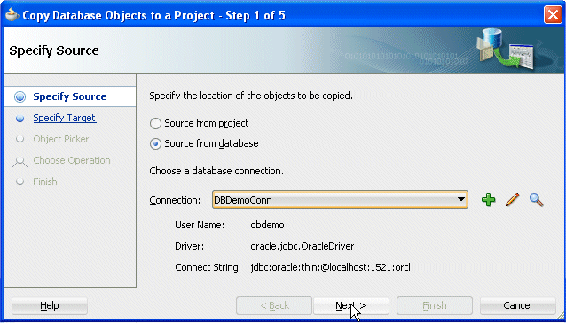 Copy Database Objects to a Project dialog