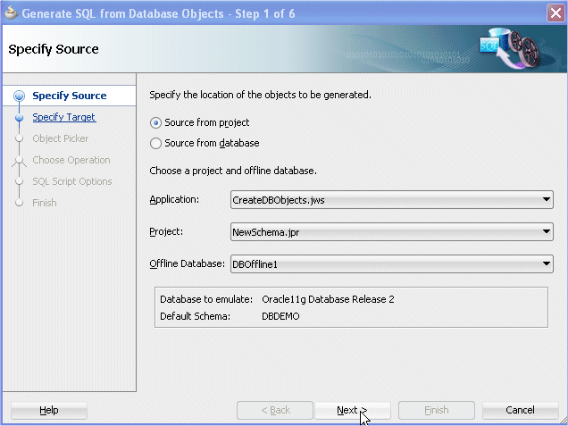 Generate SQL from Database Objects dialog