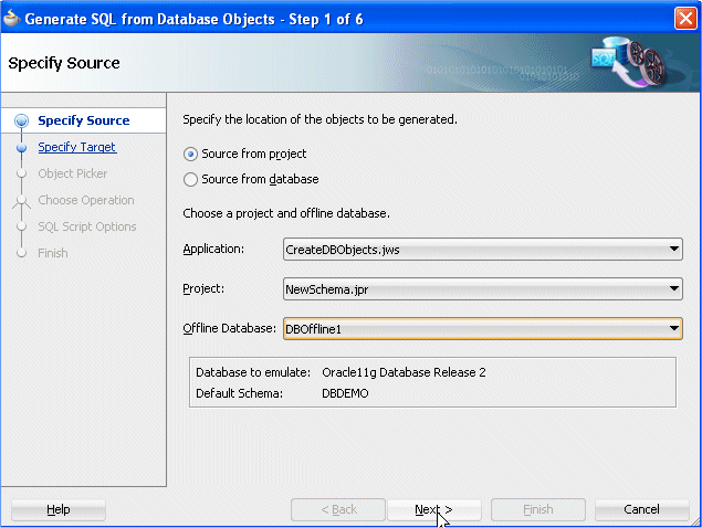 Generate SQL from Database Objects dialog