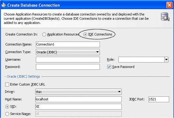 Create Database Connection dialog