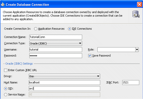 Create Database Connection dialog