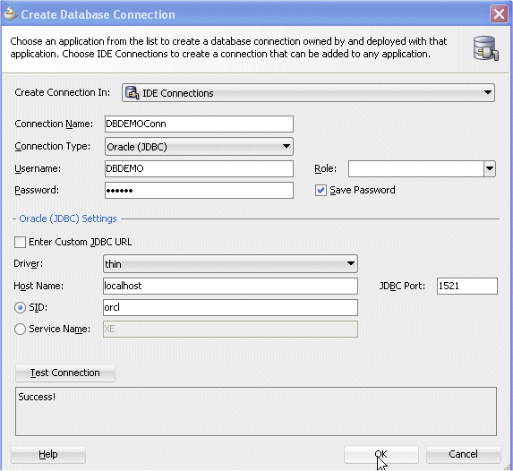 Create Database Connection dialog