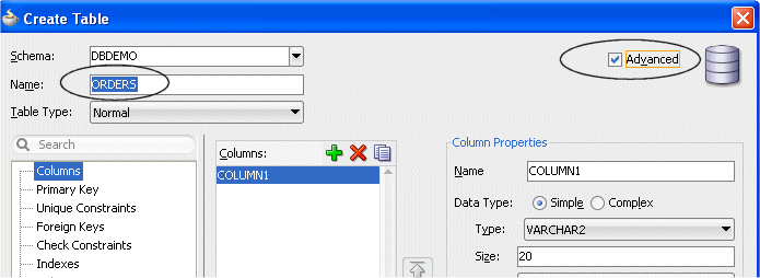 Create Table dialog