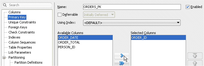 Create Table dialog