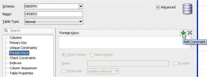 Create Table dialog