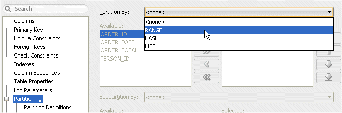 Create Table dialog