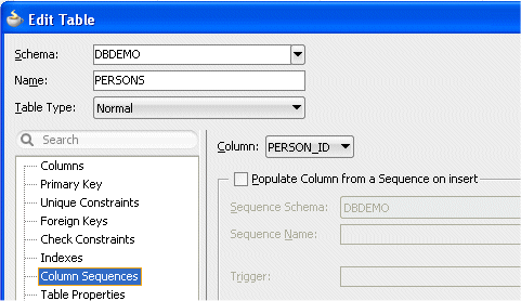 Edit Table dialog