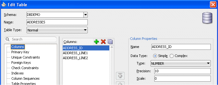 Edit Table dialog