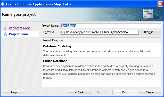 The Create Database Application dialog