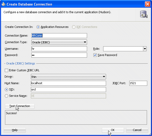 Create Database Connection dialog box with values completed and Test Connection box showing Success!
