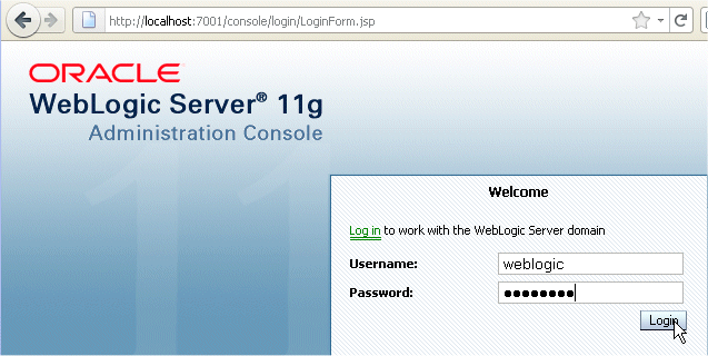 WebLogic Administration Console opened in a browser window