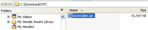 Windows Explorer showing the tpcinstaller.jar file