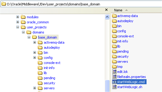 Windows Explorer locating the startWebLogic.cmd file.