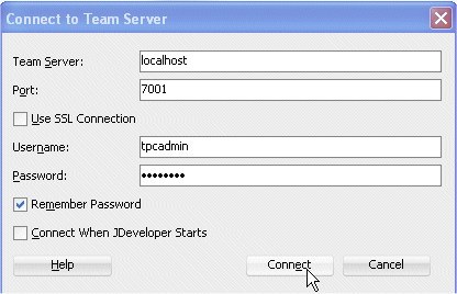 The Connect to Team Server dialog box
