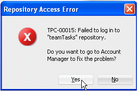 Repository Access Error alert window