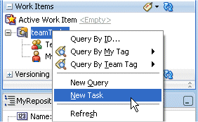 Selecting the New Task option from the Work Items navigator