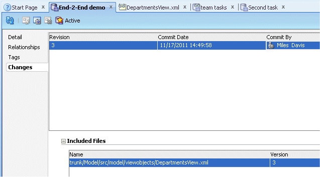 Selecting the Changes tab in the  End-2End demo tab 