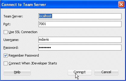 Connect to Team Server dialog