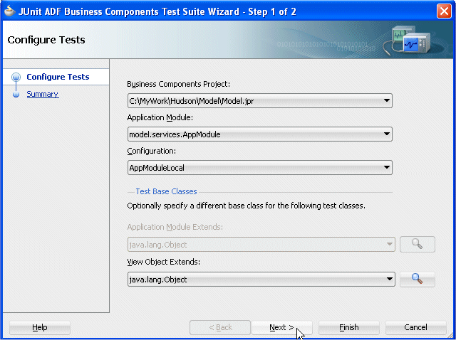 The JUnit ADF Business Components Test Suite wizard