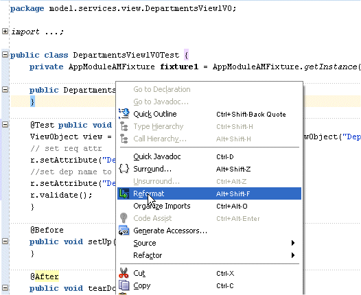 Selecting the Reformat option for the java code