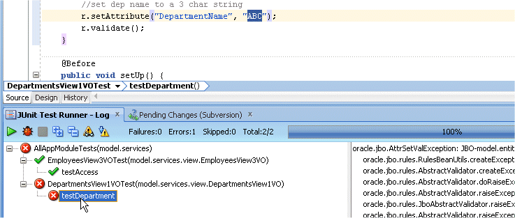 The JUnit log showing an error.