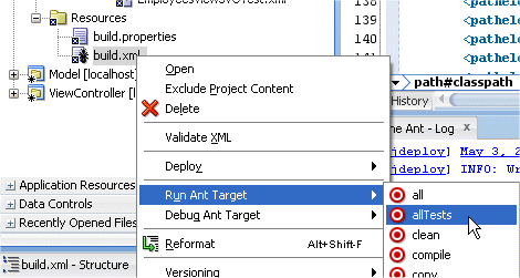 Selecting Run Ant Target --> allTests menu option