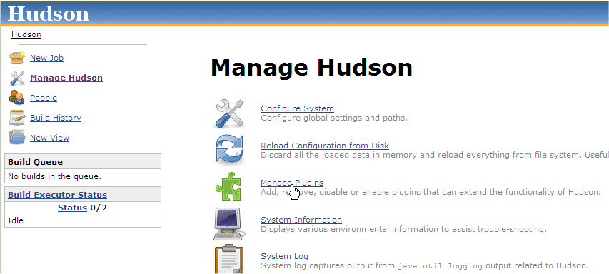 Selecting the Manage Plugins link from the Hudson console