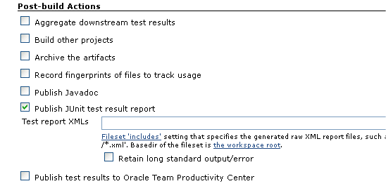 checking the Publish JUnit test result report checkbox