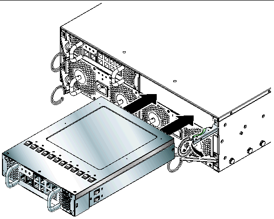 Diagram showing how to line up an SSC module for insertion into the slot for SSC1.