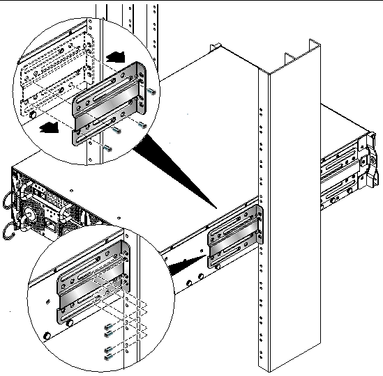 Diagram showing in detail how to unscrew and remove the rear brackets that attach the chassis to the rack.
