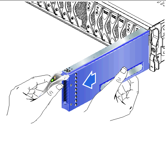 Diagram showing the front and right side of the chassis, with two hands pulling a blade or filler panel from its slot in the chassis..