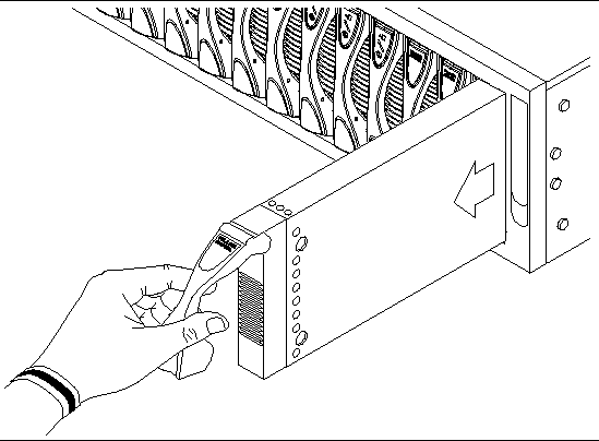 Illustration 
showing a hand removing the filler panel from the system 
chassis