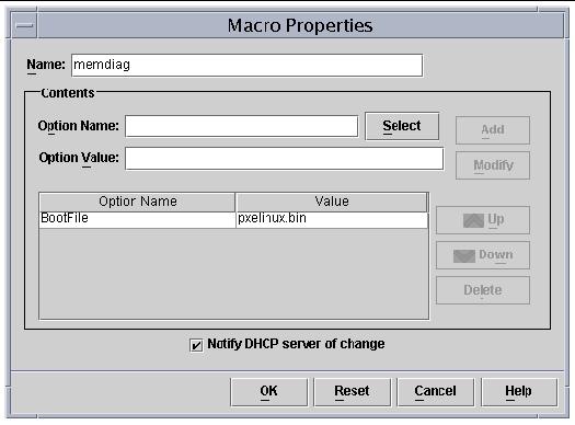 Image of the Macro Properties window, with memdiag specified as the macro`s Name