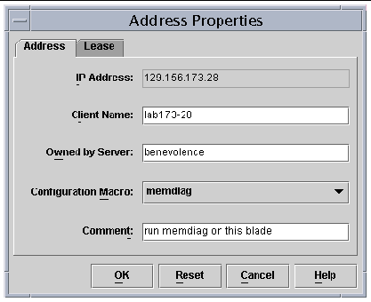 Image of the Address Properties window, with the Address tab displayed and the Lease tab behind it.