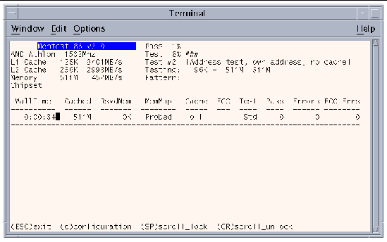 Screen shot showing a row of output at the start of a test. The two final columns listing errors both read zero.