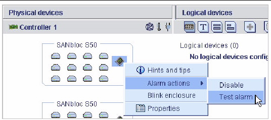 Screen shot of the Enclosure Test alarm menu option.