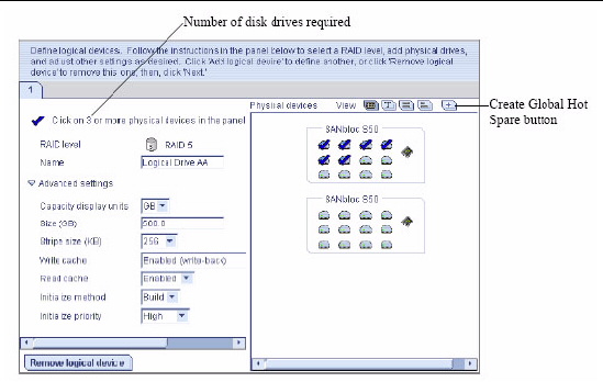 Screen shot shows the drives installed in the enclosures. The number of disk drives required is pointed out.