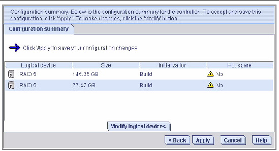 Screen shot shows a summary of the configuration and allows the user to choose between accepting it or clicking a button to modify it.