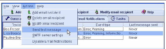 Screen shot of the Send test message menu option.