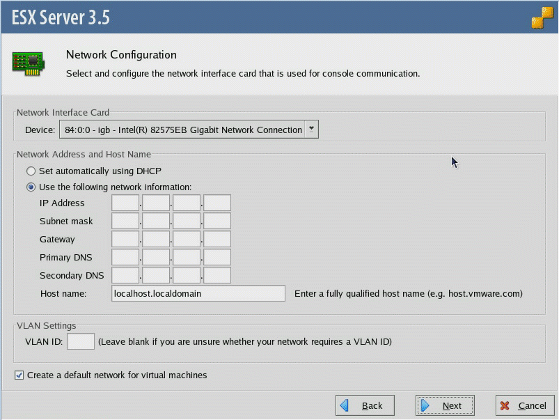 ESX Server 3.5 Update 1 Network Configuration Dialog Box.