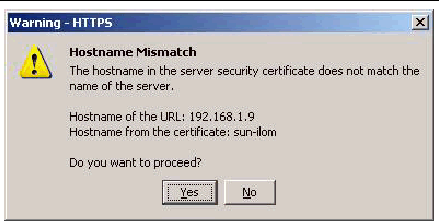 Screen shot of Hostname Mismatch dialog box