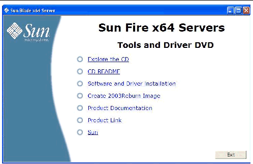 Screen shot of the Sun Blade X6240 Servers Tools and Drivers DVD dialog box